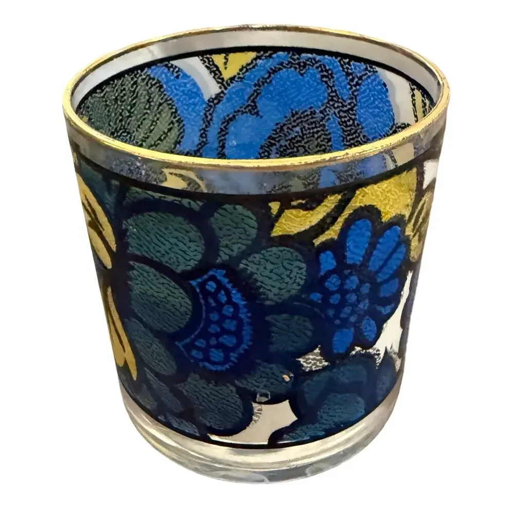 Vintage 1960s CCC Hazel Atlas Blue Yellow Floral Faux Stained Glass Set of 5 - Picture 16 of 16